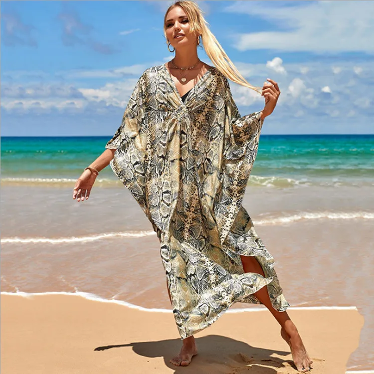 Plus Size Kaftan Dresses for Women Wave Neck Swimsuit Cover Up Caftan Dress Plus Size Oversized Long Beach Dress