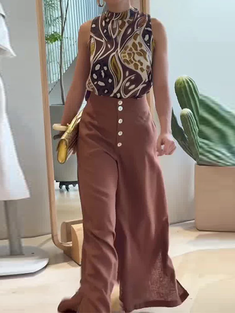 

Sexy Half Neck Collar Sleeveless Top & Wide Leg Pant Suit Women Fashion Print Loose 2Pc Set Elegant Pattern Print Summer Outfits