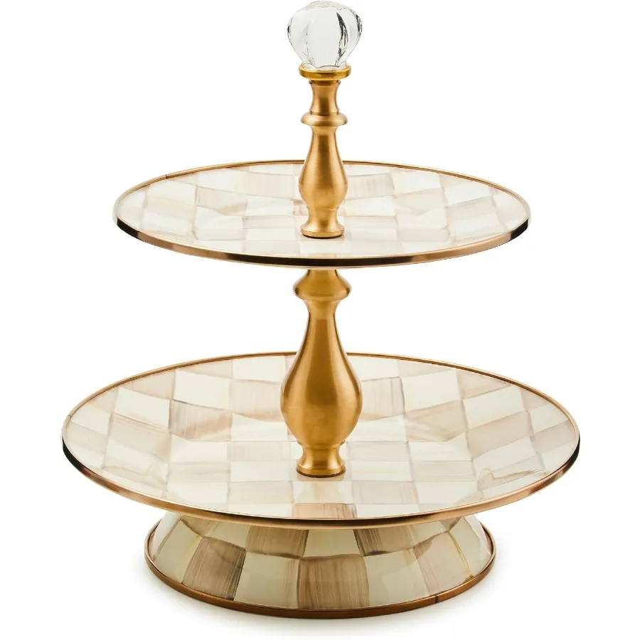

Enamel TwoTier Sweet Stand TwoTiered Serving Tray for Dessert BrownandWhite Mocha Check