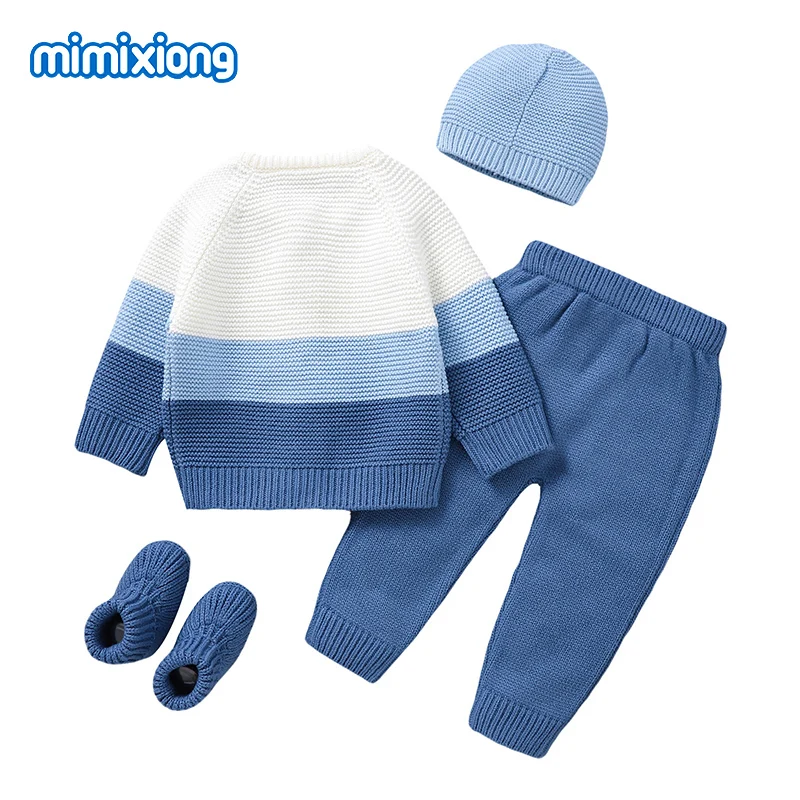 Baby Clothes Set Knit Winter Casual Outwear Newborn Boys Sweaters Tops+Pants+Hats+Shoes Outfits 4pcs Autumn Infant Kids Knitwear