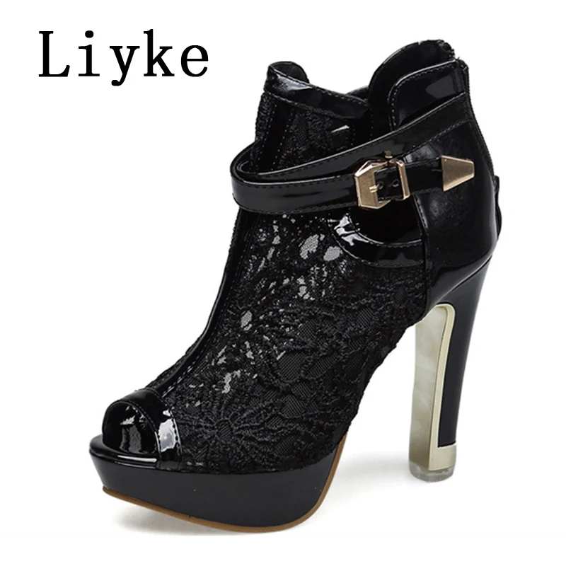 Liyke New Style Flowers Mesh Ankle Boots Sandals Women Sexy Peep Toe Dance Shoes Fashion Buckle Strap Platform High Heels Black