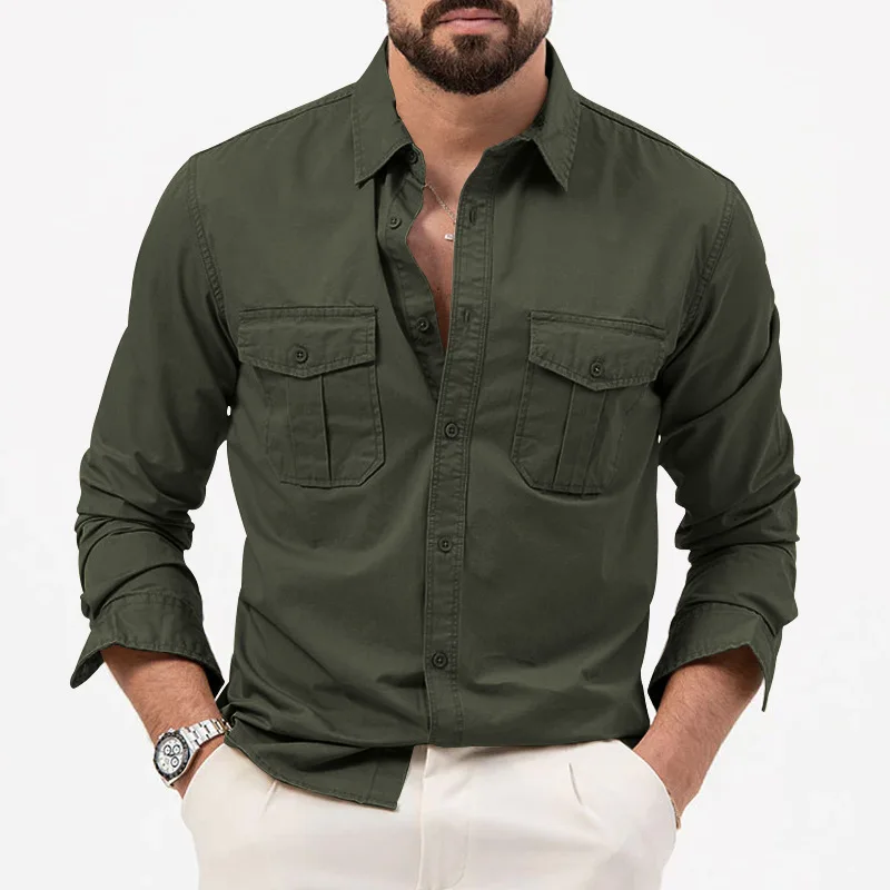 Spring Autumn Men Long Sleeve Casual Shirt Multi‑Pocket Design Daily Work Outdoor Male Shirts Tops Men Shirt