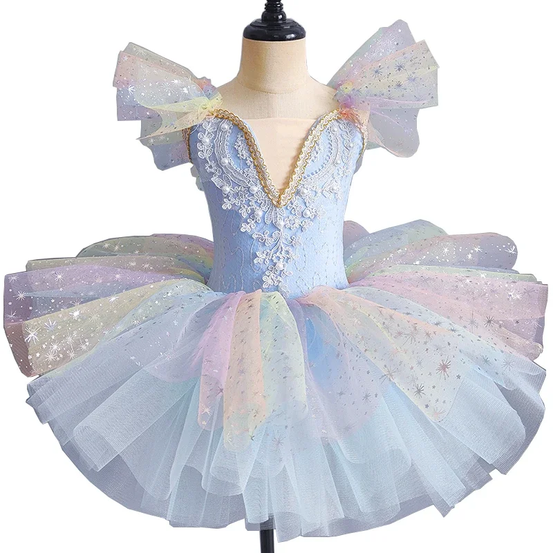 Bambini pizzo balletto vestito da ballo professionale ragazze vestito da principessa con paillettes bambini Ballerina piatto Pancake Tutu abiti da festa