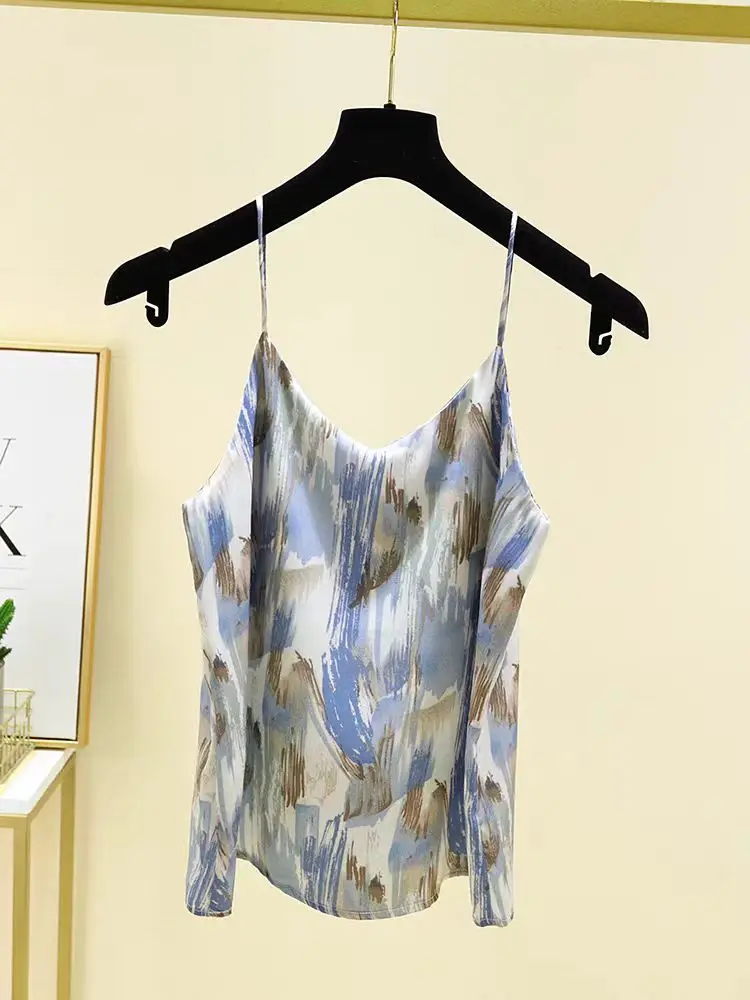 2024 Summer New Oil Painting Halter Vest Women Silk Satin Soft Tank Top Camisole Feminine High Quality