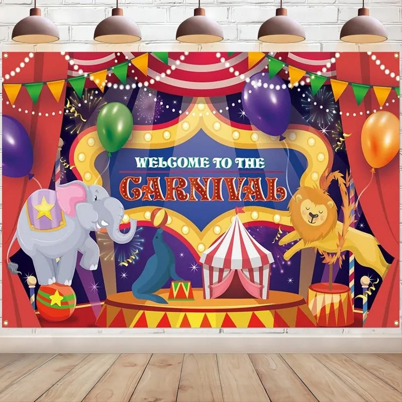 

Carnival Backdrop Red Curtain Tent Circus Photo Background Kids Birthday Banner Welcome to The Carnival Party Decoration Banner