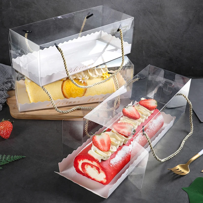 5pcs Clear Long Plastic Cake Box For Swiss Roll Portable Packaging Cake Box Towel Rol Gift Boxes Towel Roll Storage Organizer