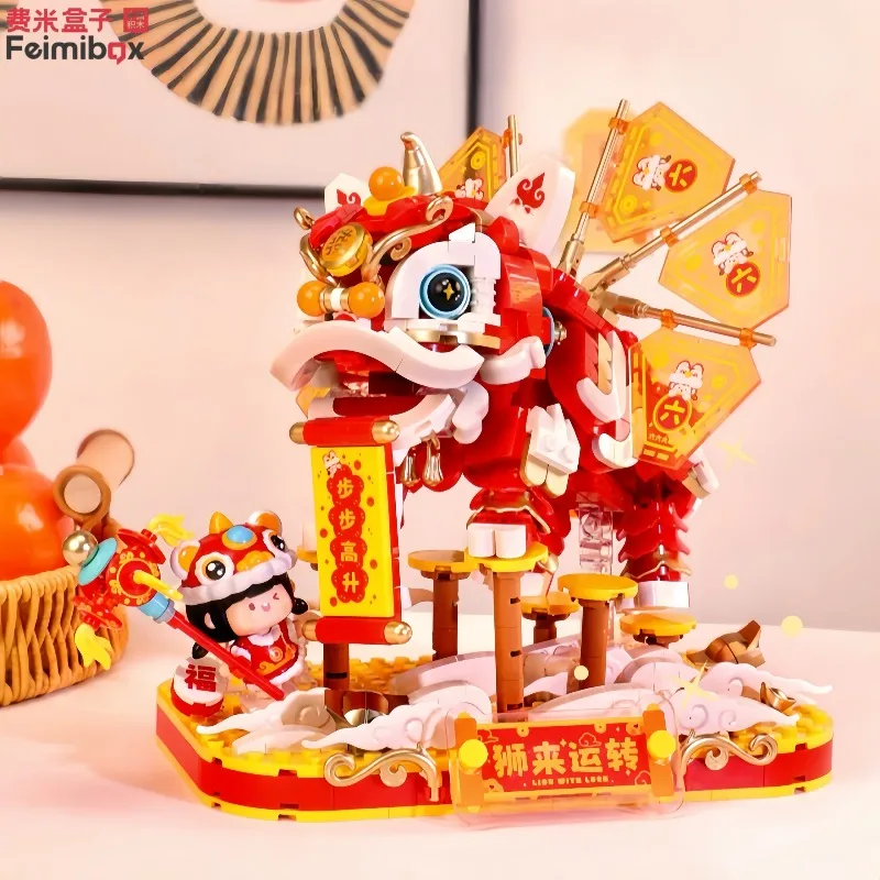 Feimibox Lion Dance Building Blocks Assemblaggio 3D Blocchi di mattoni Bambini Splicing Giocattoli Decorazione domestica creativa Modello di azione Regalo