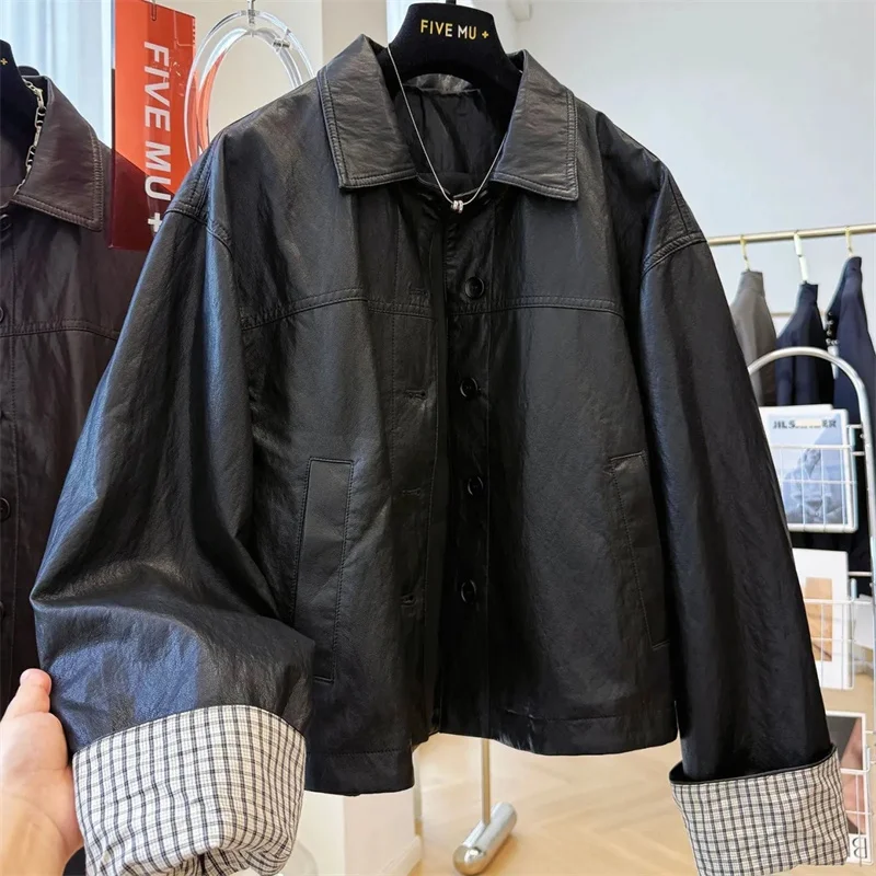 Women's Jackets High-grade Sense Brown Plaid Stitching Lapel Leather Jacket Women's Autumn Retro Sweet Cool Loose Casual Jacket