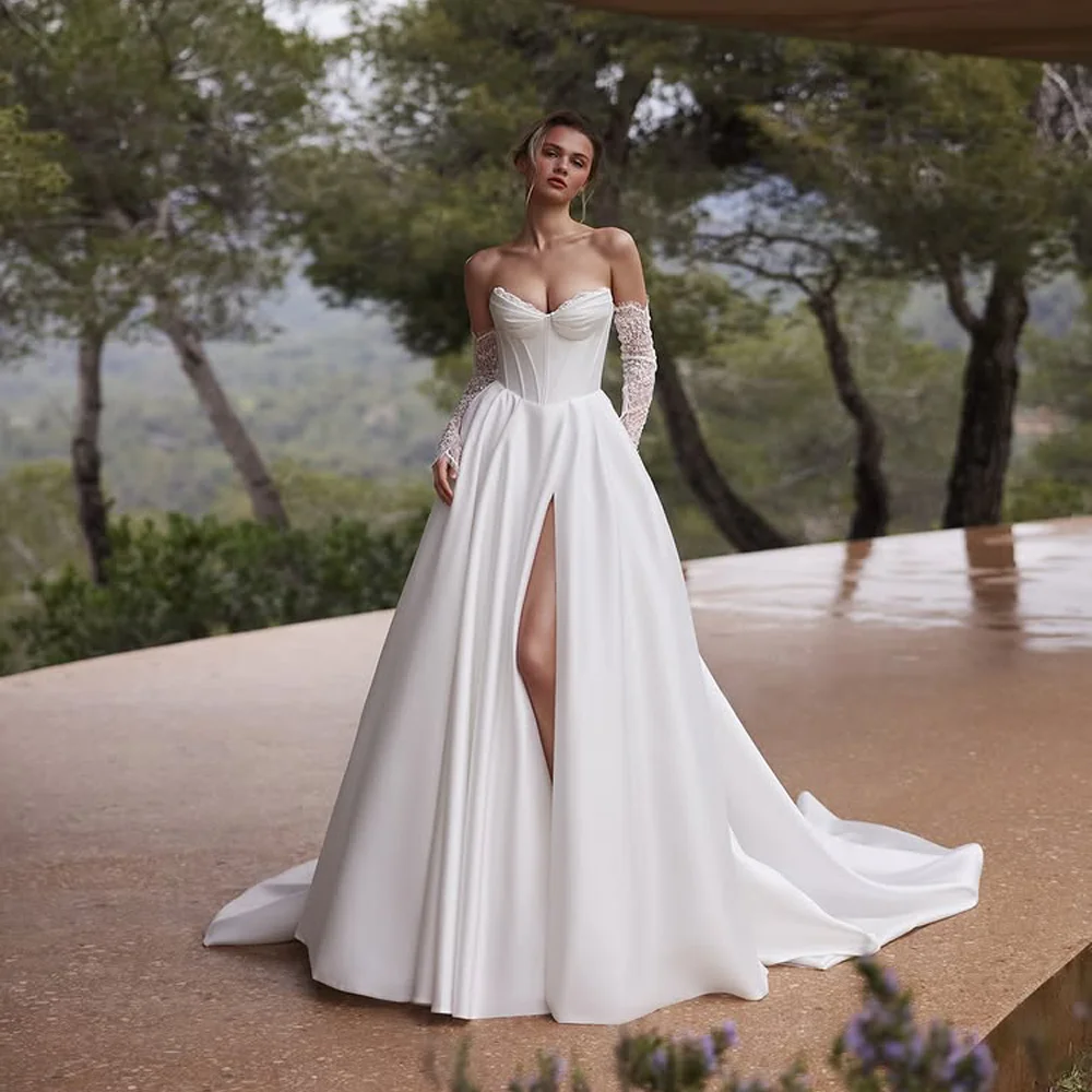 

Fashion Sweetheart A Line Wedding Dresses Front Split Satin Bridal Gowns 3/4 Lace Sleeve Evening Dress F or Wedding Custom Made