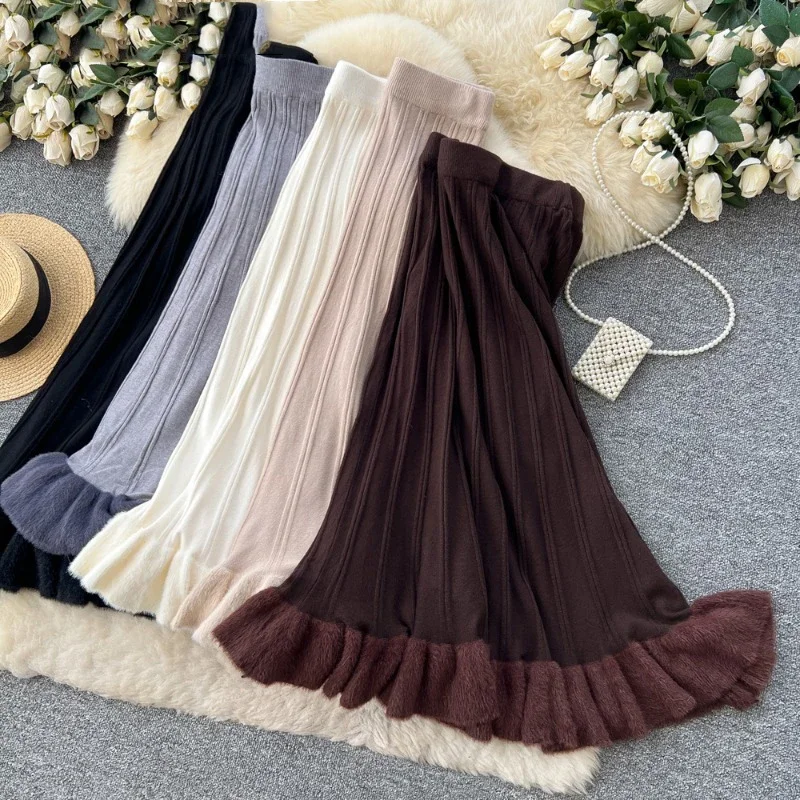 

Knitting Long Skirts Ruffles Contrast Color Autumn Winter Retro Woman Skirt Elegant Korean Fashion Thick Faldas Mujer