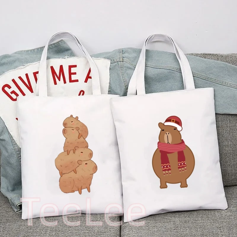 Kawaii Capybara Women Shoulder Bag Eco Reusable Shopping Bag Canvas Cartoon Tote Bags Female Ttravel Storage Beach Handbag