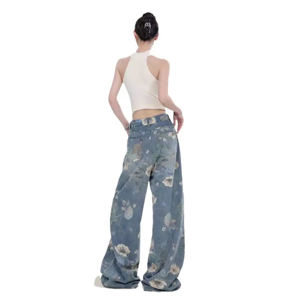 Pantalones vaqueros de pierna ancha con estampado completo de flores para hombre y mujer, pantalones de fregona ajustados rectos con efecto lavado, novedad de verano
