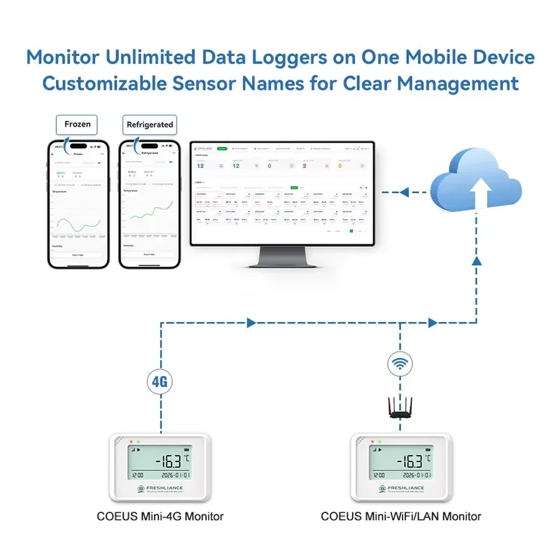 Wireless WIFI Temperature Humidity Data Logger with Mobile App Control and Alarm Notifications