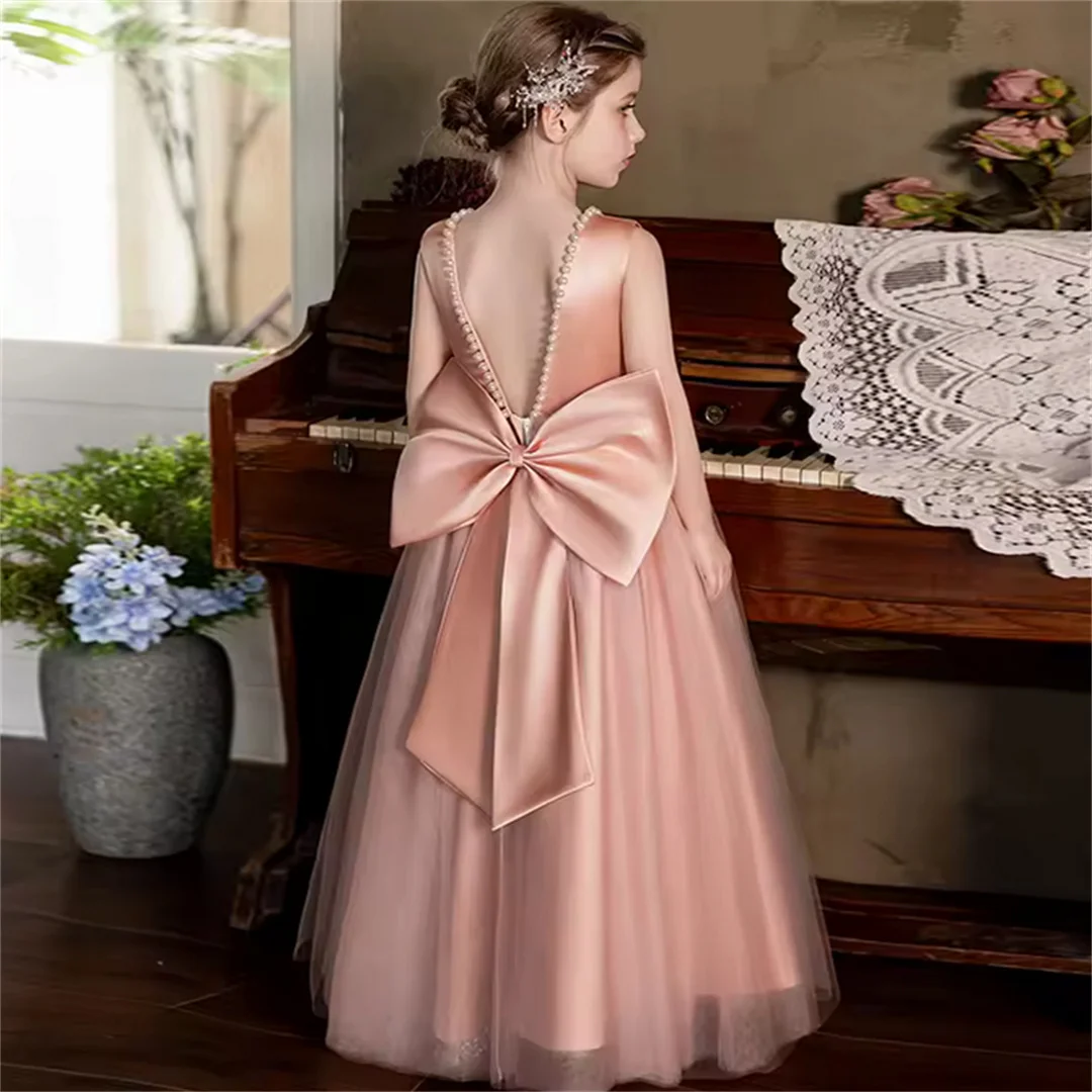 Girls Long mesh Pommel Junior Bridesmaid Dress Neckline beaded large bow Birthday dress Wedding dress/customizabl