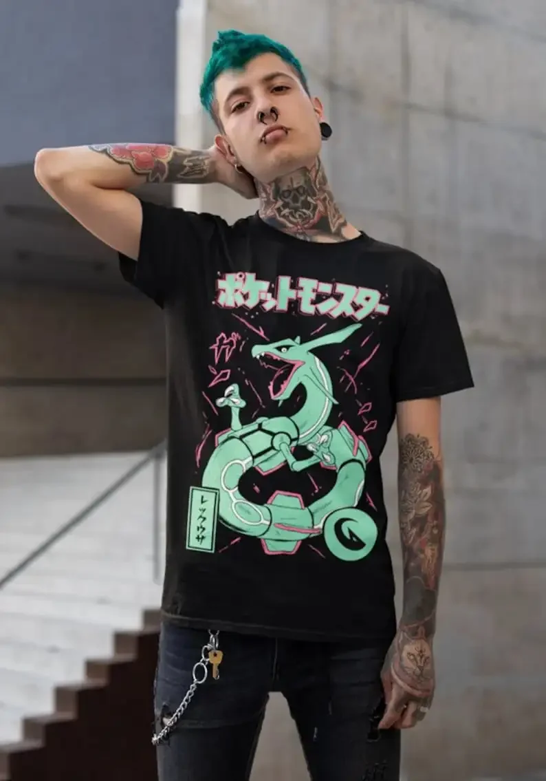 Rayquaza tee! Perfect for a Gift, Present, Holiday, Birthday! Japanese Anime , Black Shirt All Size