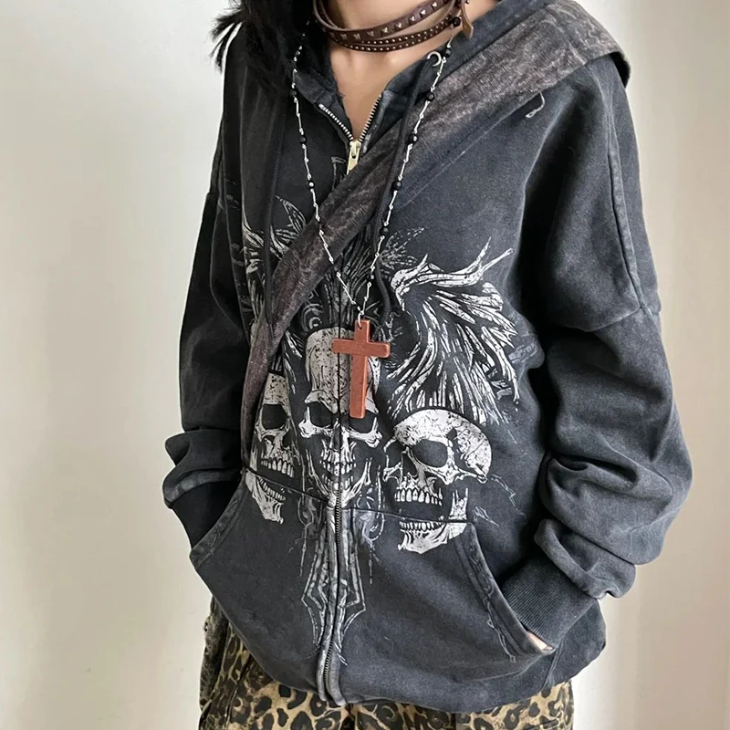 Skeleton Print Women Long Sleeve Hooded Zipper Cardigan Sweatshirt Autumn Winter Dark Y2k Gothic Loose Clothing Unisex Halloween