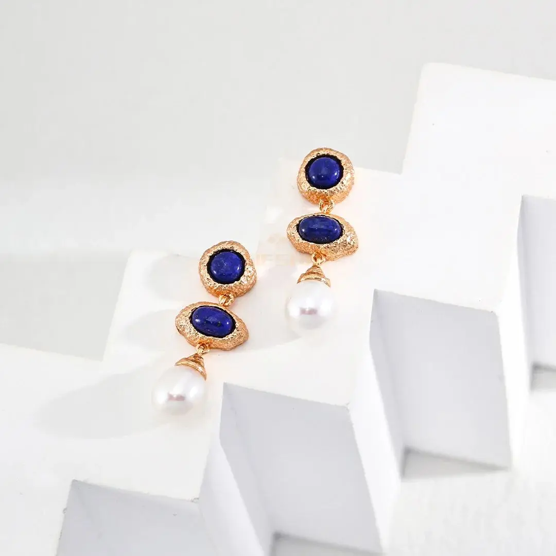 HESHI 925 Sterling Silver Pearls Vintage Lapis Lazuli Inlaid Irregular Textured Earrings for Woman Luxurious Charming