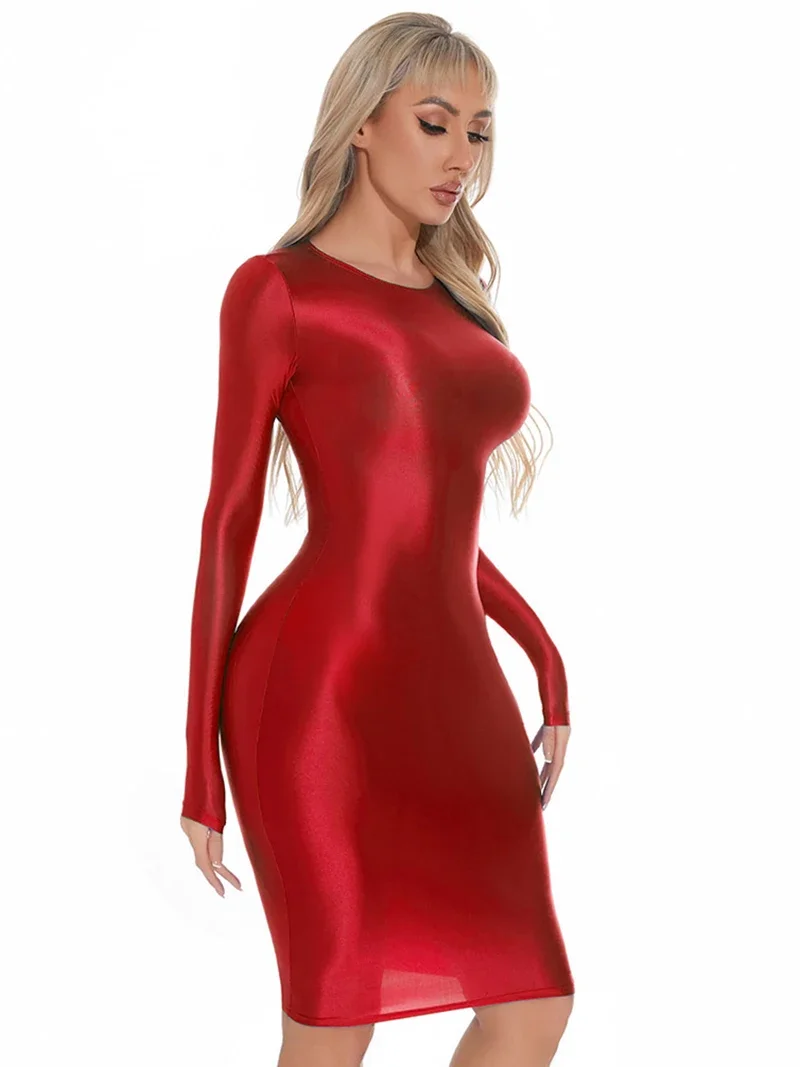 Erwachsene Frauen glänzend glänzendes Gesäß sexy Overall elastische Seide glattes Kleid Langarm Tanz kleidung Nachtclub Party Kostüm