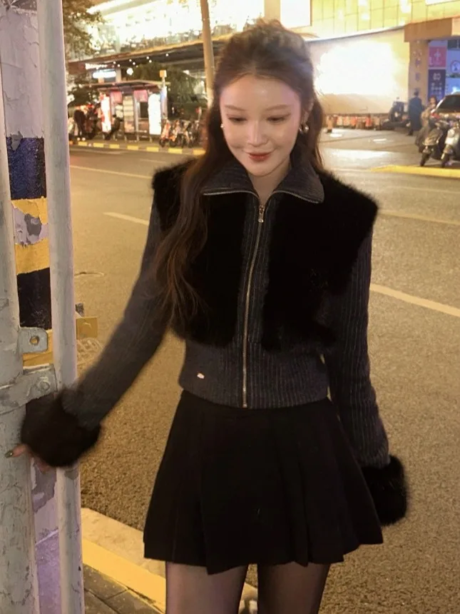 Retro Jesienno-Zimowy Płaszcz z Imitacji Futra, Dzianinowy, z Naszywkami, Dopasowany Krój, Damski, Elegancki, Wszechstronny, Ciepły, Rozpinany Kardigan lub Odzież Wierzchnia