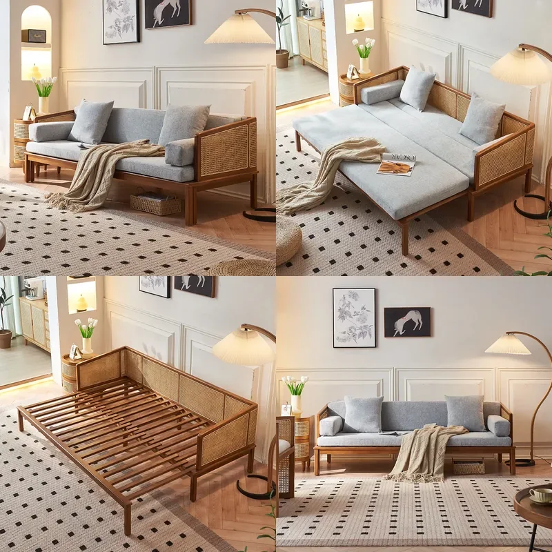 For New Chinese Style Rattan Solid Wood Sofa Bed  Living Room Fabric Ash Wood Three Seater Removable Washable Dual