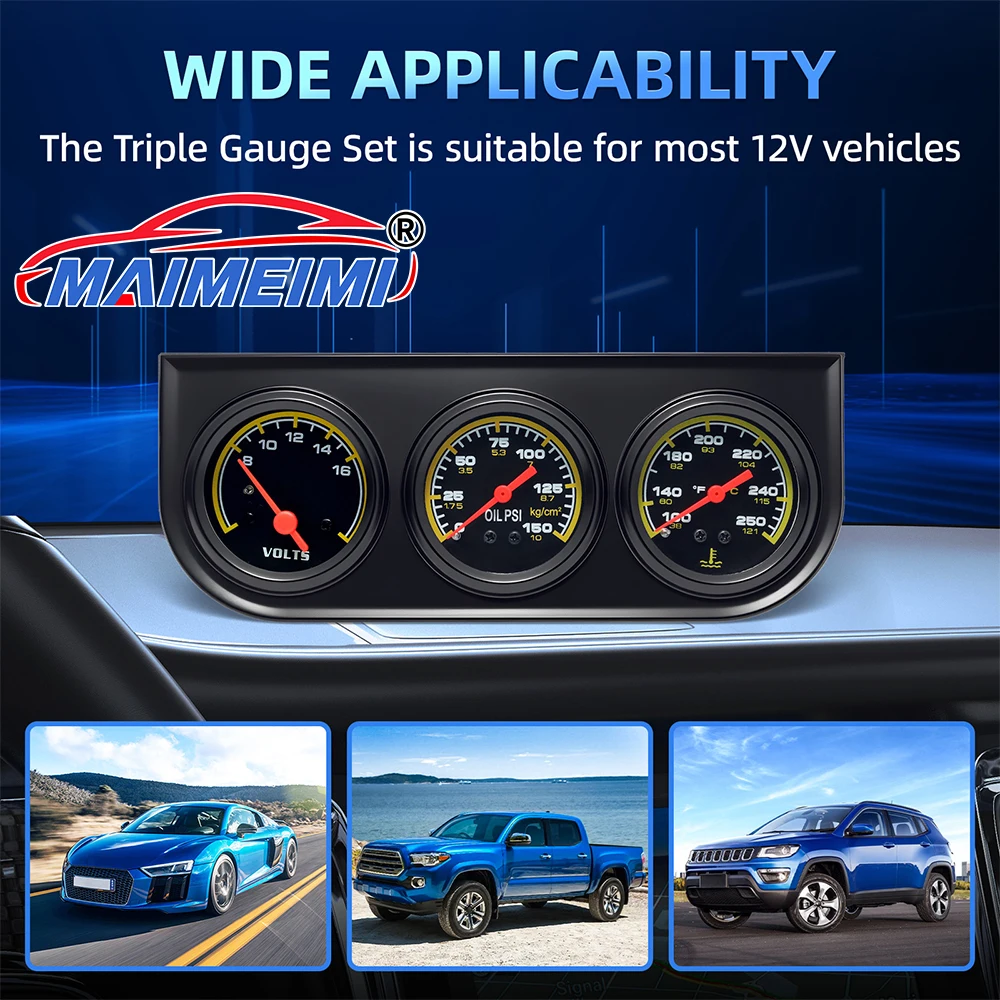 

3 in 1 Triple Gauge Set 100-250℉ Water Temp+8-16v voltage Gauge+0-150psi Oil Pressure Black Face Digital pointer Auto Gauge