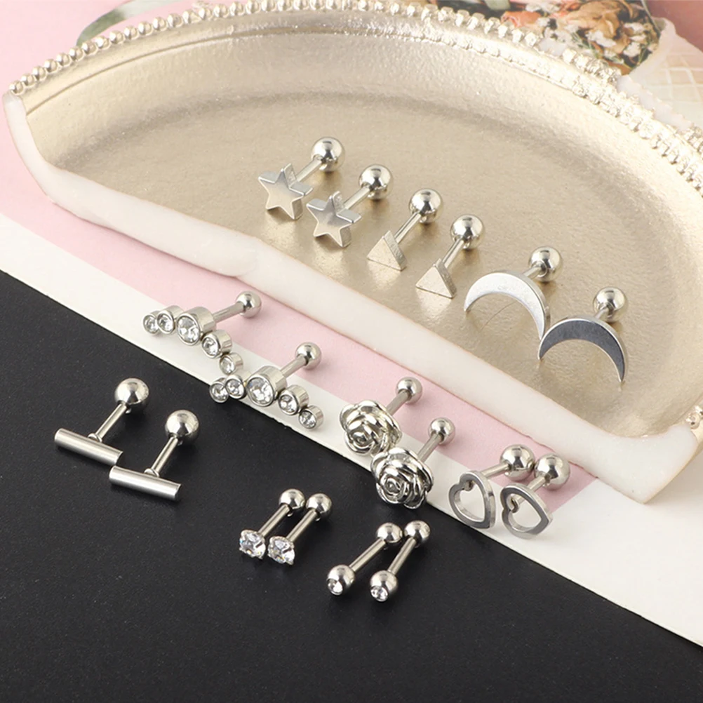 

9 Pairs Earrings Helix Girls Jewelry Silver Stainless Steel Stud Miss