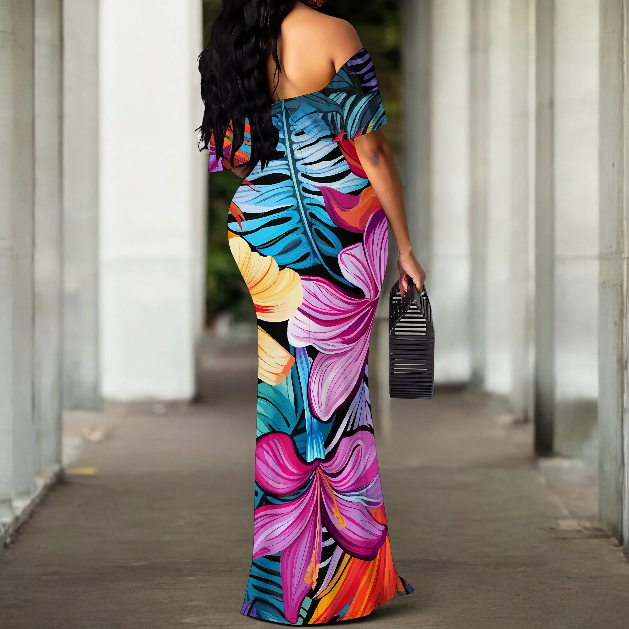 ดอกไม้เขตร้อนพิมพ์ปิดไหล่ Ruffle Maxi ชุดผู้หญิงวันหยุดชายหาด SLIM FIT ชุด