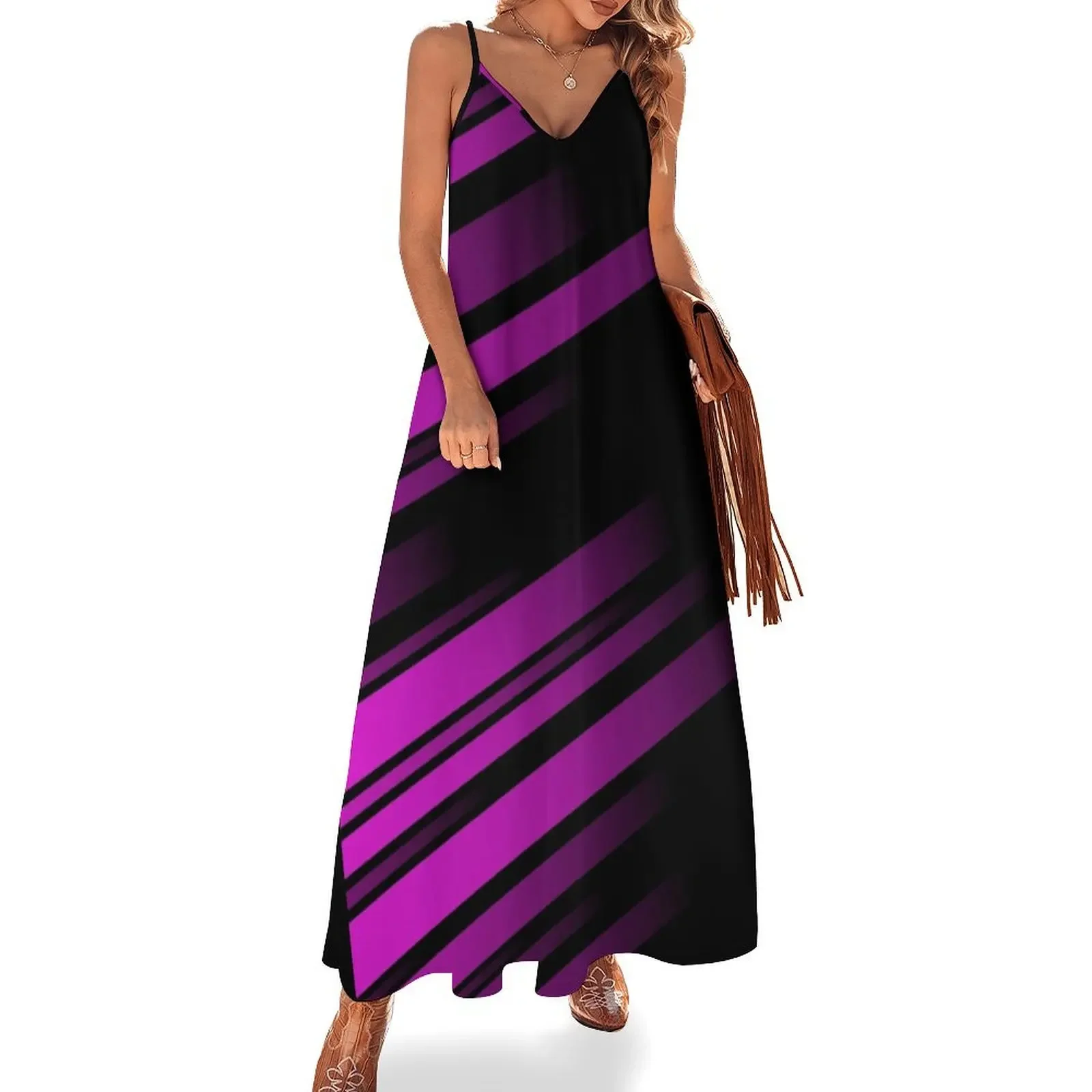 

Abstract Glowing Fuchsia and Black Striped Sleeveless Dress woman dress Evening dresses Dress