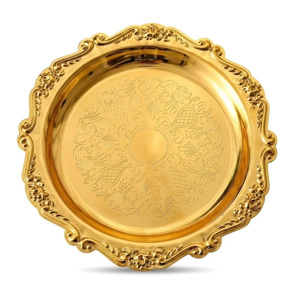 2pcs Golden Color Metal Serving Plate 4 Inch Diameter Vintage Style Fruit Decorative Plate Carved Edge Round Food Tray