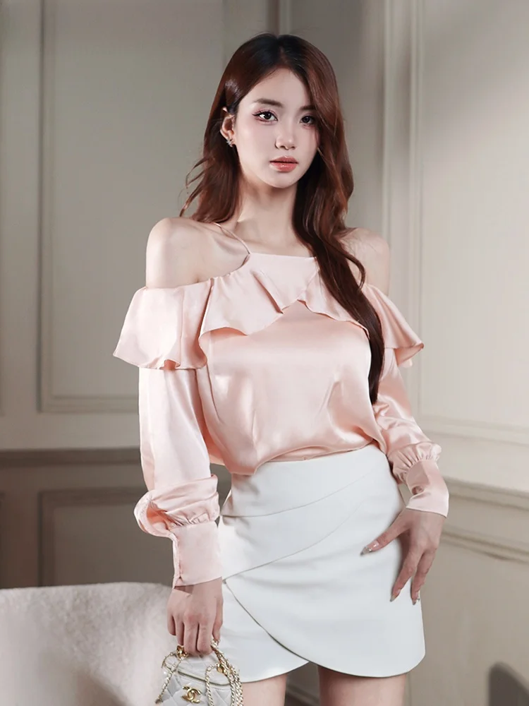 

Off-oulder Ruffle Hem One-oulder Women's irt Korean Sle Loose Fit Long Sve Pure Color Commute Faion Summer New