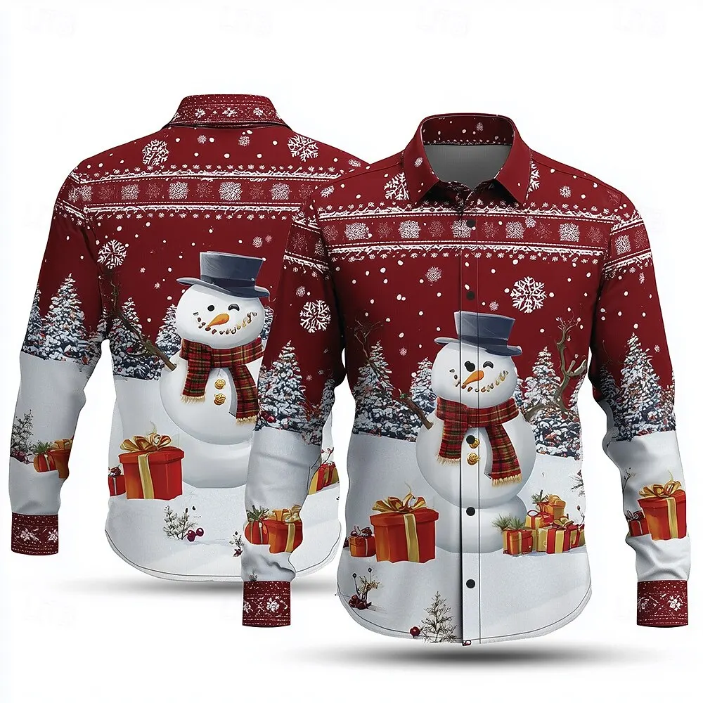 Camisa de manga larga con estampado de muñeco de nieve de Navidad en 3D para hombre, camiseta informal holgada con solapa, camisetas de regalo de Año Nuevo, ropa de Navidad a la moda