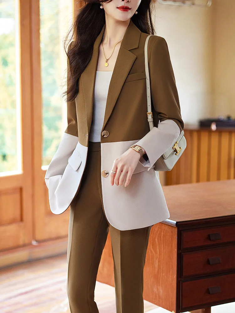 

Tesco Senior Women's Suit 2 Piece Color Match Pantsuits Patchwork Formal Female Clothing For Work Interview blazer mujer