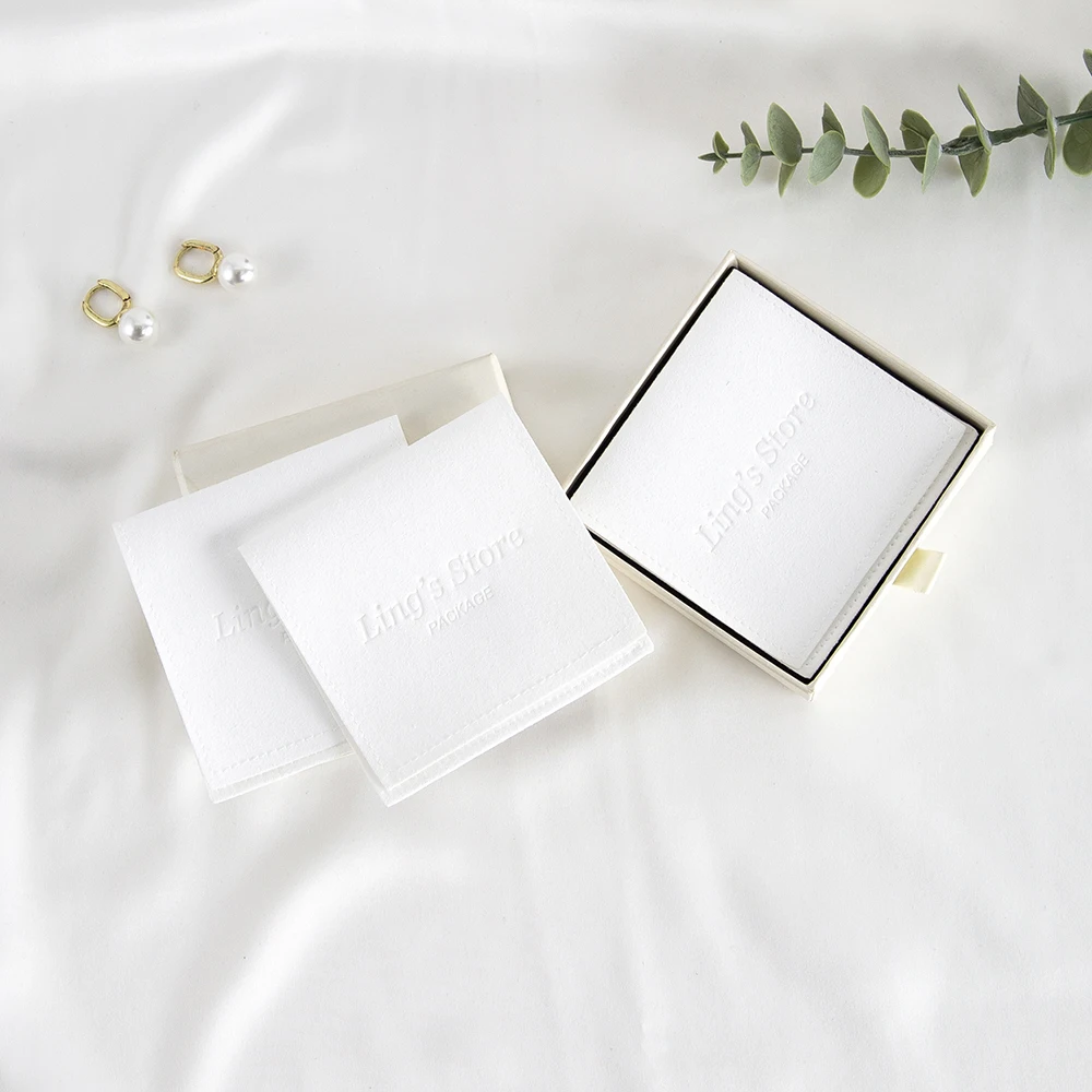 50pcs Custom Logo White Microfiber Jewelry Bag Suede Velvet Packaging Pouch Earrings Ring Cosmetic Display Pocket Gift Organizer