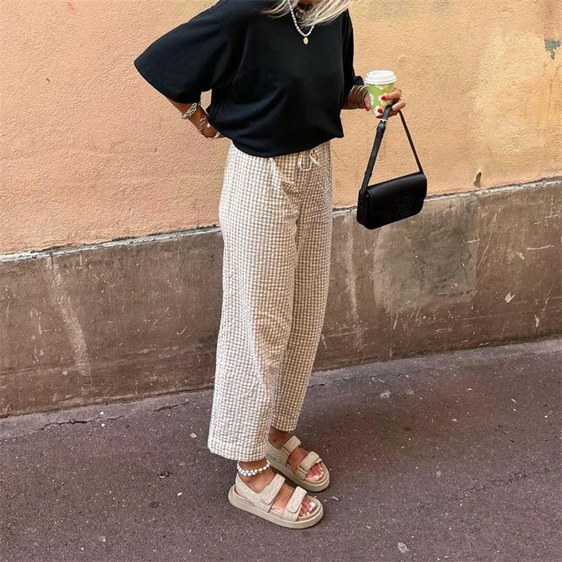 Fashion y2k Pants Women Aesthetic Clothes Plaid Print Drawstring High Waist Straight Leg Trousers 2000s Clothing Streetwear