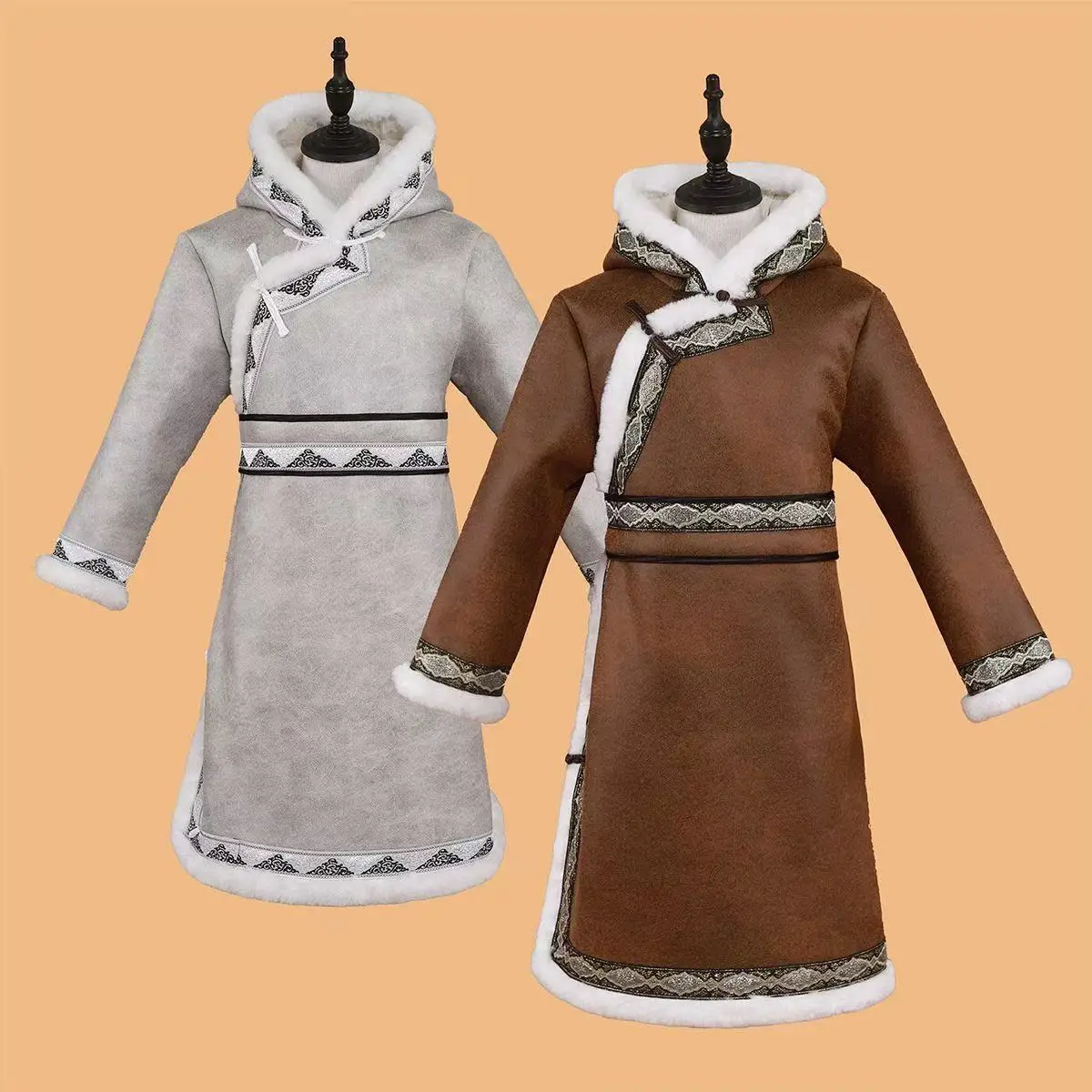 

Kids Mongolian Cotton Hooded Coat Boy Girls Autumn Winter Thicken Long Robe with Hat Vintage National Style Christmas Hanfu Cape