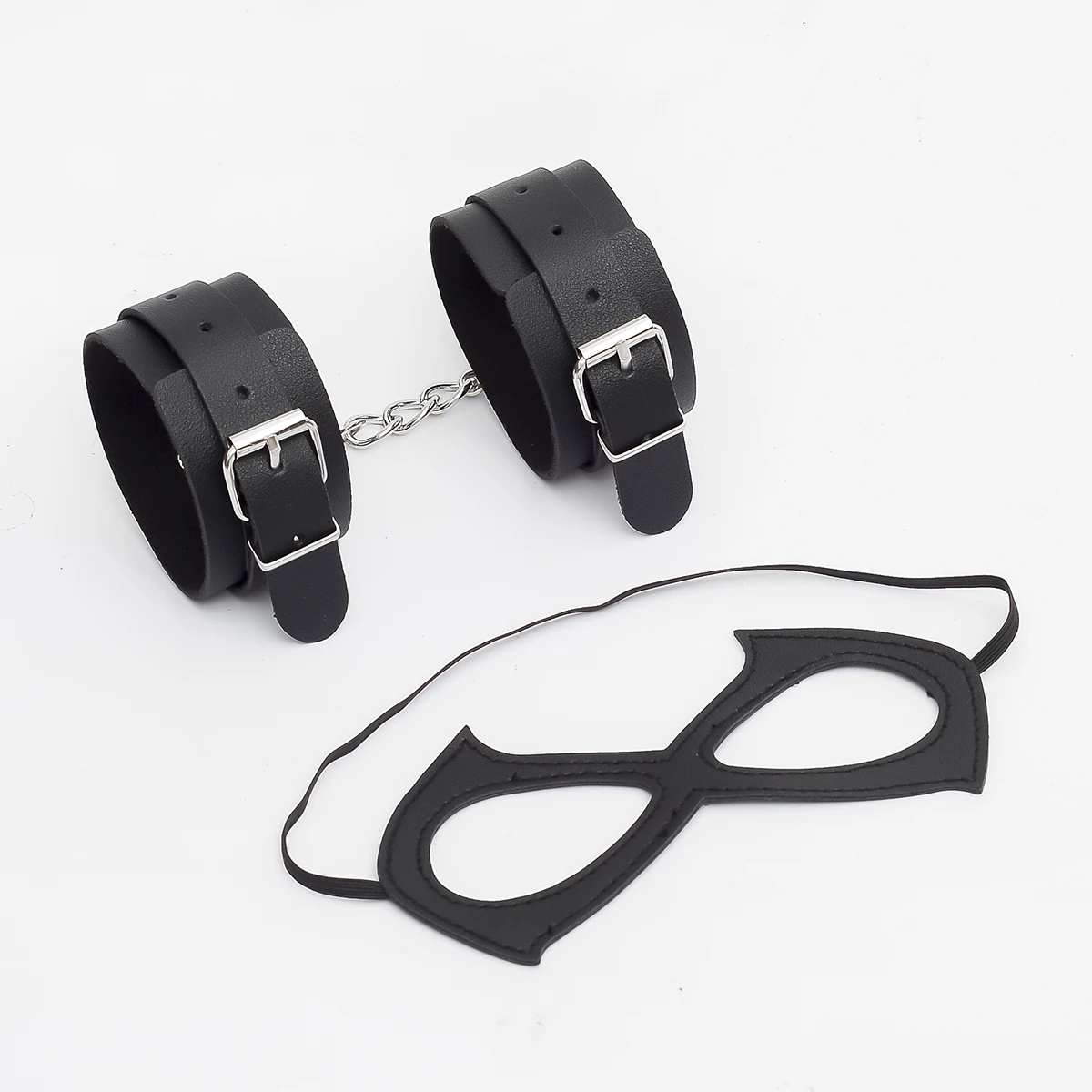 1 set of black PU leather bound couple handcuffs mask set, adult restraint, fun handcuff toys, soft and comfortable couple toys