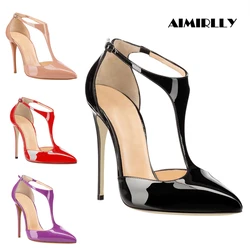 Women Patent Pointed Toe T-Strap High Heel Pumps Stiletto Party Wedding Shoes Multi-color