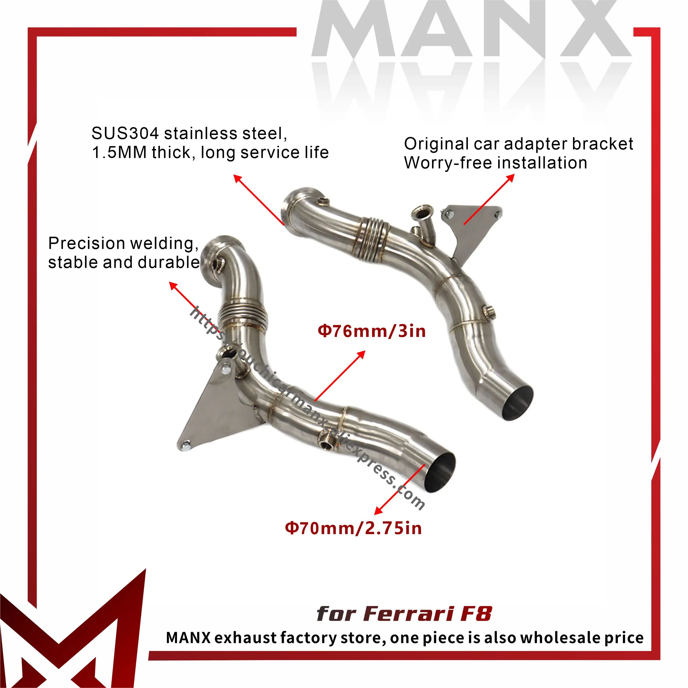

MANX Exhaust Downpipe for Ferrari F8 SS304 Increase pipe diameter 76mm Non-destructive installation catless