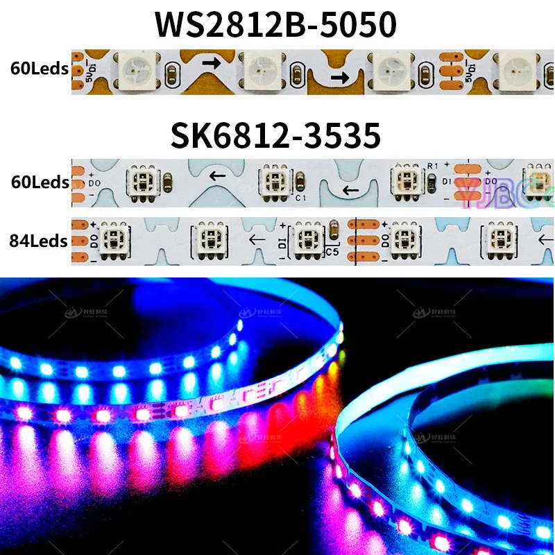 5m S typ SK6812 WS2812B Taśma LED DC 5V 12V 6mm Indywidualnie adresowalna taśma LED SMD 5050 RGB pikselowa zginana elastyczna taśma LED