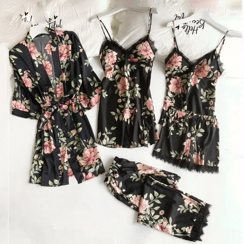 Pajamas for Women Summer Sexy Pajamas Five-piece Set Suspender Pajamas for Women Home Wear with Chest Pad Bathrobe