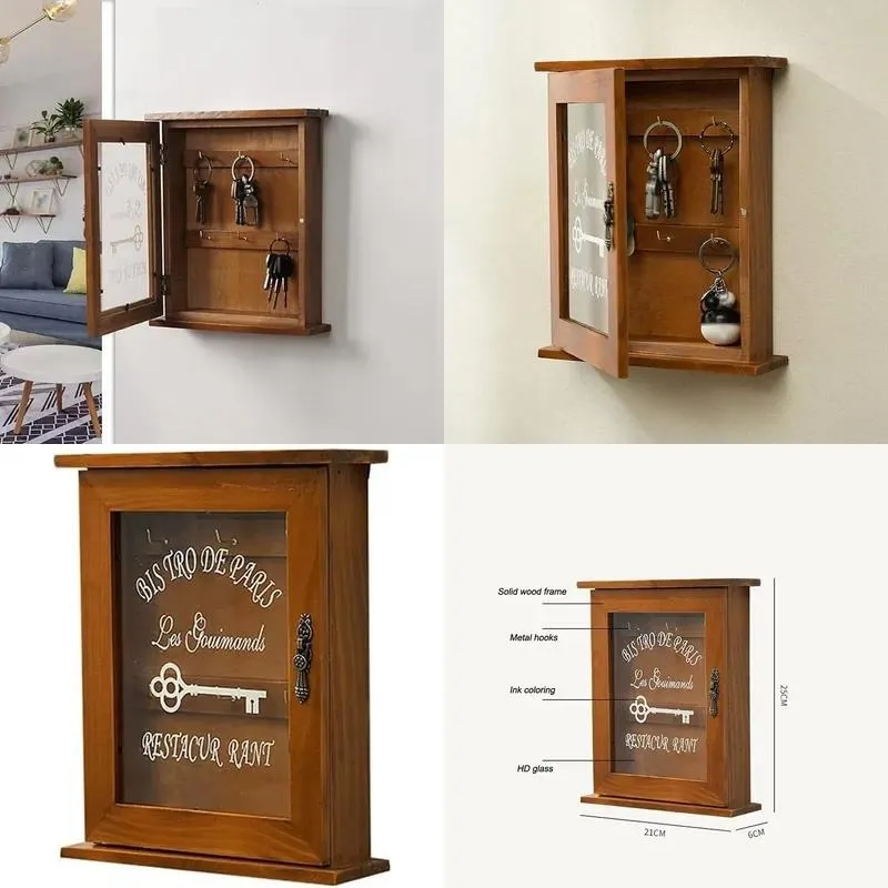 Retro Wall Mounted Solid Wood Key Cabinet Magnetic Door Wooden Key Storage Box with 6 Hooks Creative Home Organizer