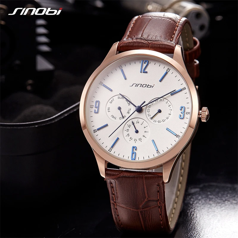 SINOBI Men\'s Wristwatches Calendar Week Date Functions Leather Strap Business Males Geneva Quartz Clock gifts Relogio Masculino