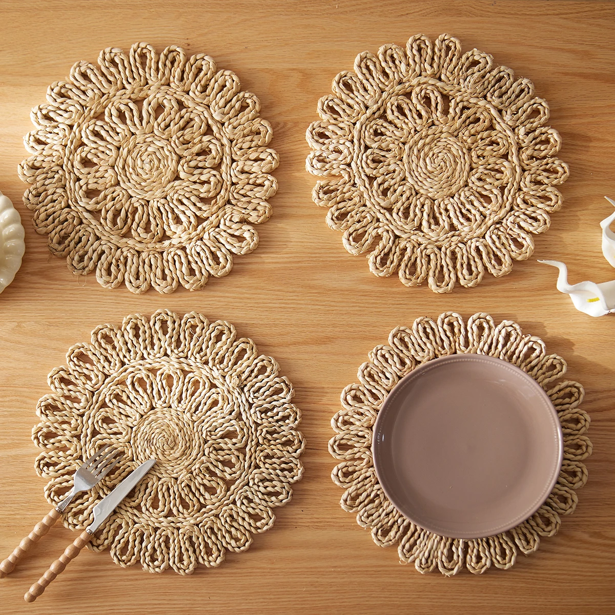 Macrame mesa decoração artesanal boho placemats conjunto de milho natural palha tecido combinação tapetes de mesa para mesa de jantar cozinha