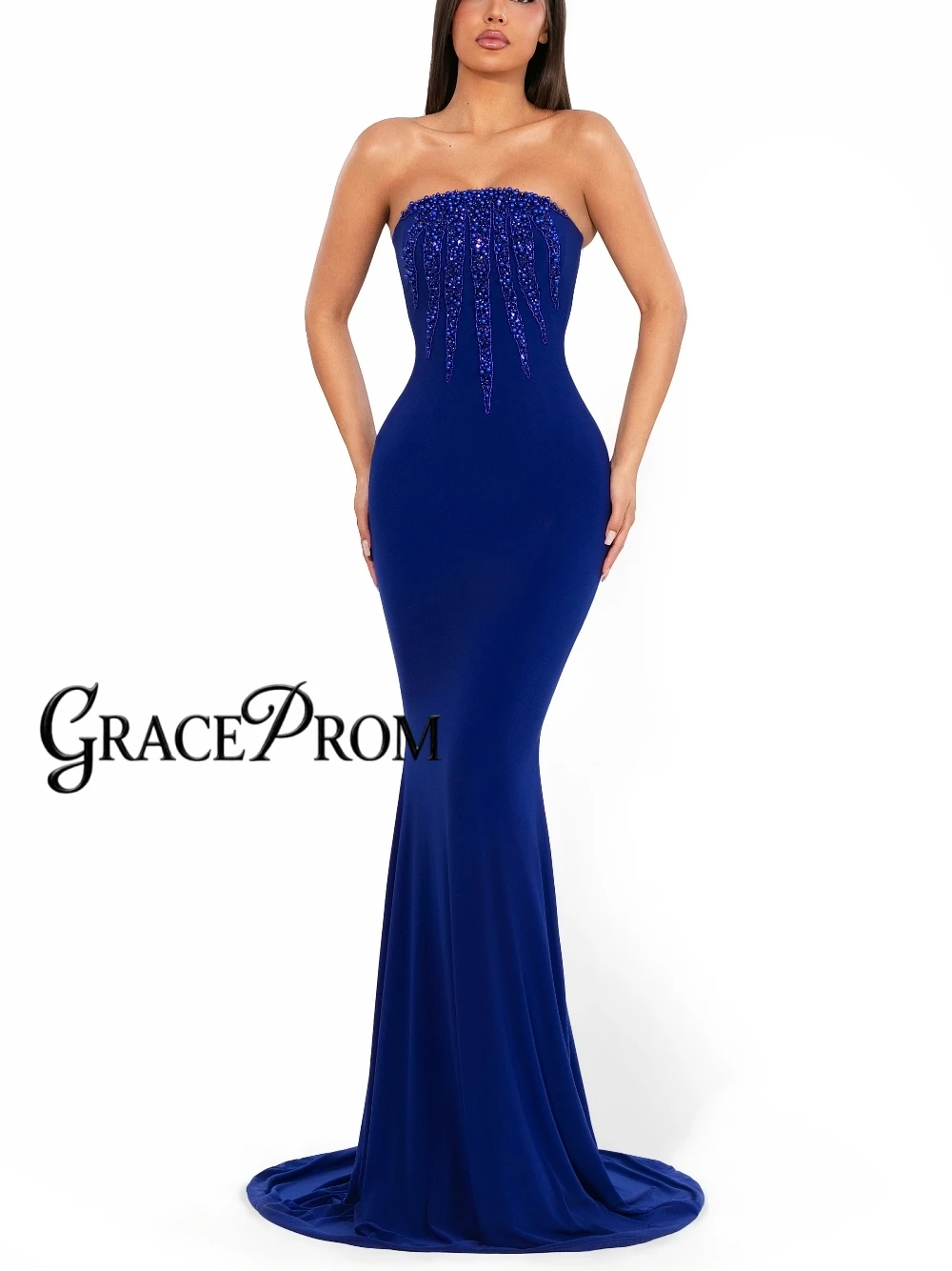 GRACEPROM Blaues trägerloses Satin-Abendkleid, schmale Passform, Meerjungfrauen-Stil, maßgeschneidertes Cocktailkleid, Statement-Partykleid für Damen