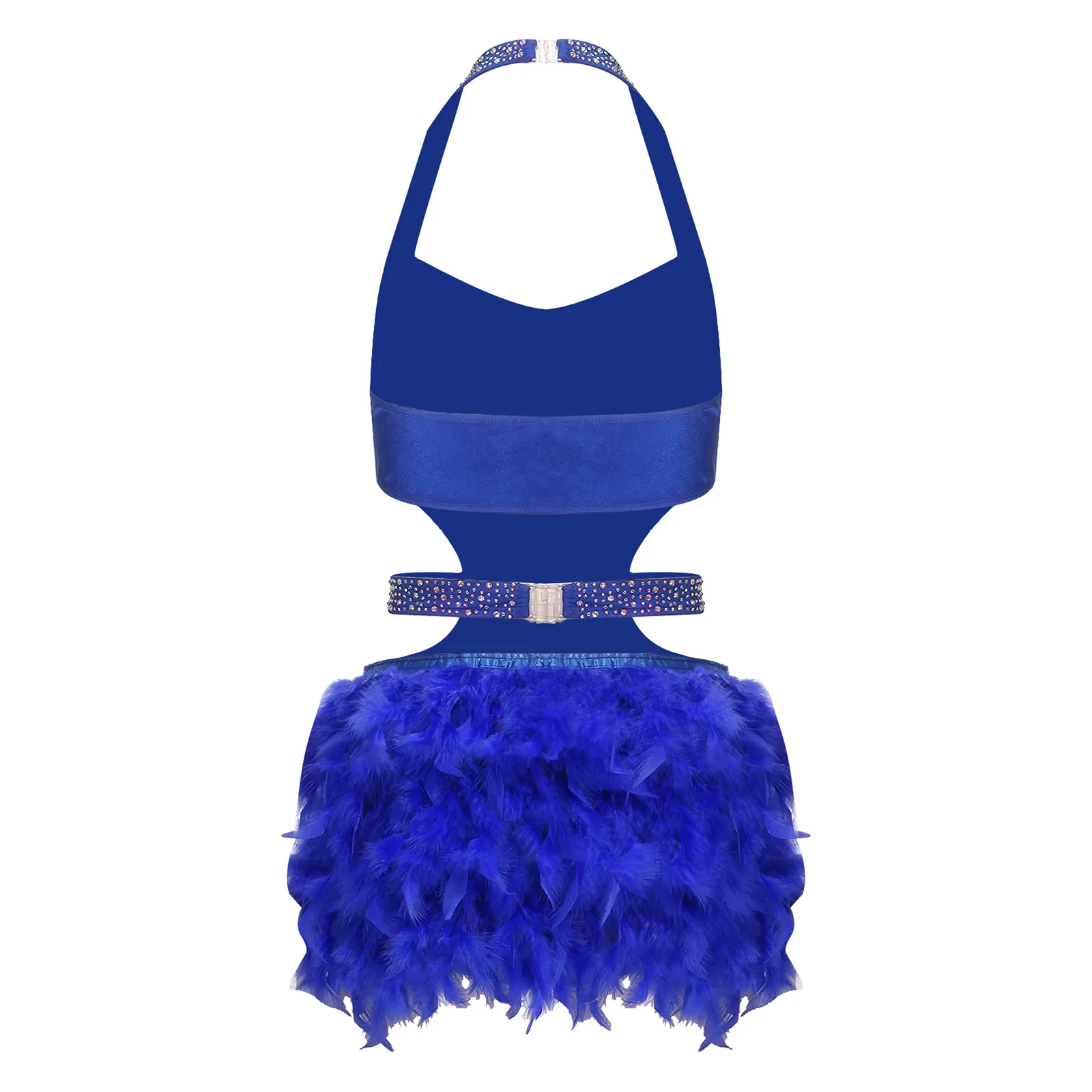 Mulheres latina rumba samba trajes de dança espanhola brilhante strass bodysuit com detalhes de penas falsas halter sem mangas collant