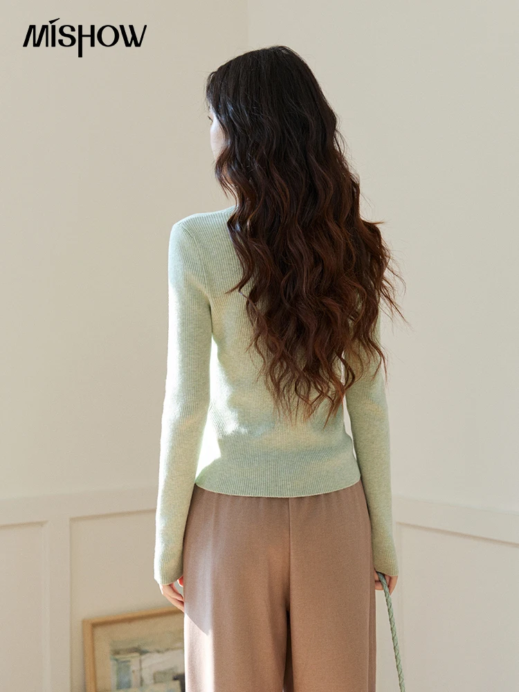 MISHOW Women's Elegant Mint Green V Neck Ribbed Knit Pullover Top Tie Neck Long Sleeve Slim Spring Autumn Sweater MXF108Z1024 - view 3