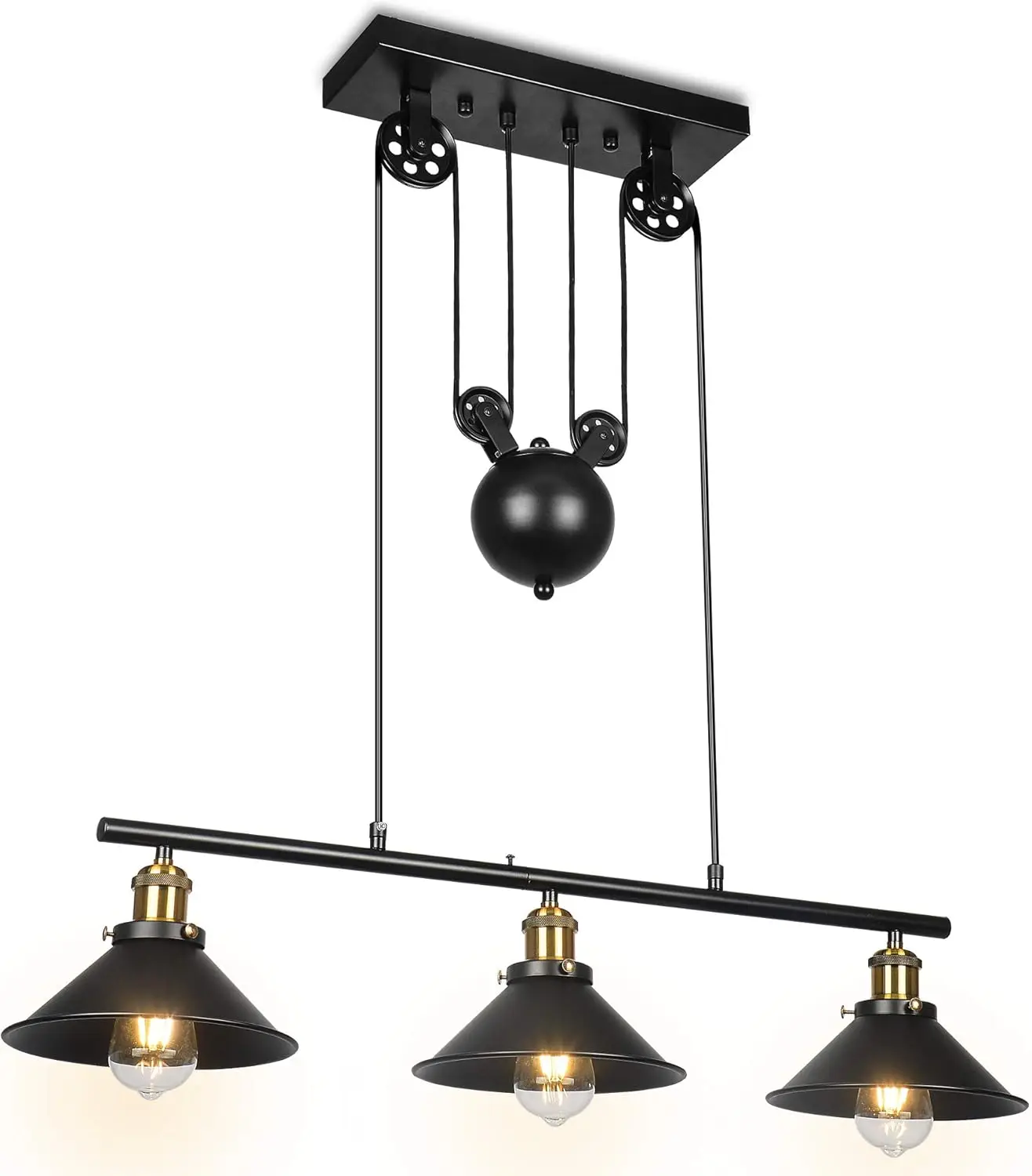 

Retro Pulley Pendant Lamp Dining Room, Industrial Ceiling Chandelier Black Kitchen Island E27 Hanging Lamp 3 Head Lustre Decor