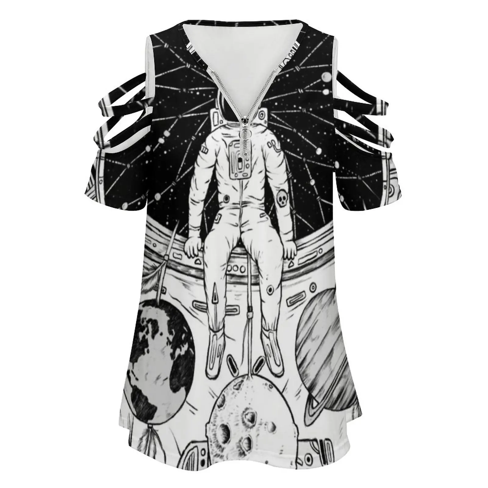 O dreamer (b/w) nova moda zip fora do ombro superior de manga curta camisa feminina sonho dreamcatcher espaço estrelas lua noite