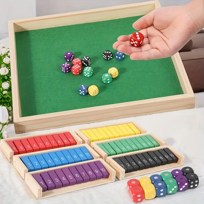 

Wooden dice game for 2-6 players with portable tabletop board, featuring 12 colored dice, ideal for family entertainment, party