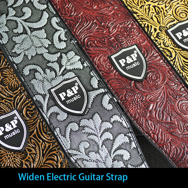 Guitar Strap for P&P Genuine Leather 2.5 Inch Adjustable Soft Embroidered Belt Classical Bass Music Hobby Guitar Accessories